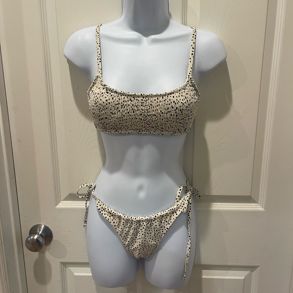 Xhilaration Cream and Black Polka Dot Bikini (Size M)